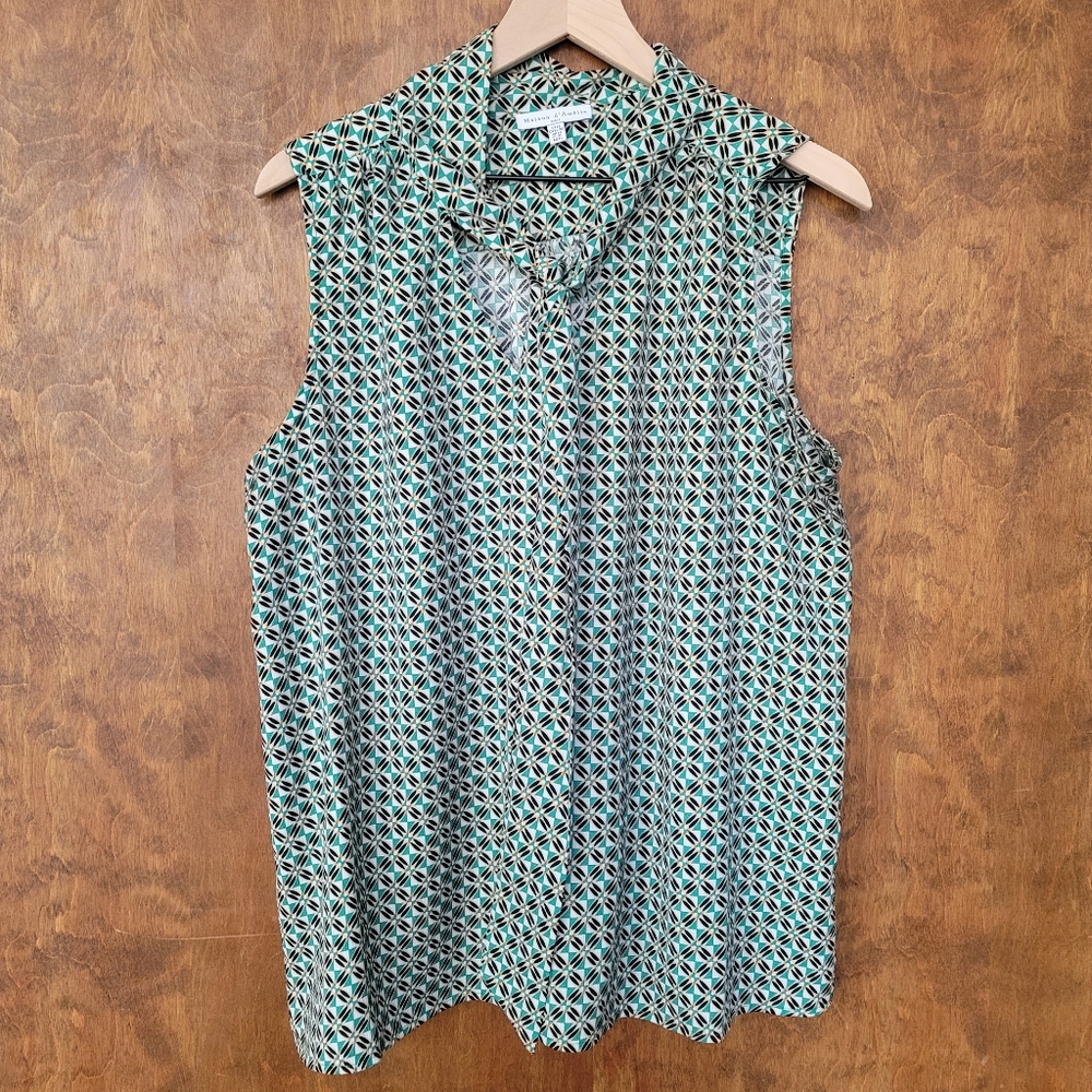 Maison d'amelie scarf neck keyhole cutout flowy patterned green tank top